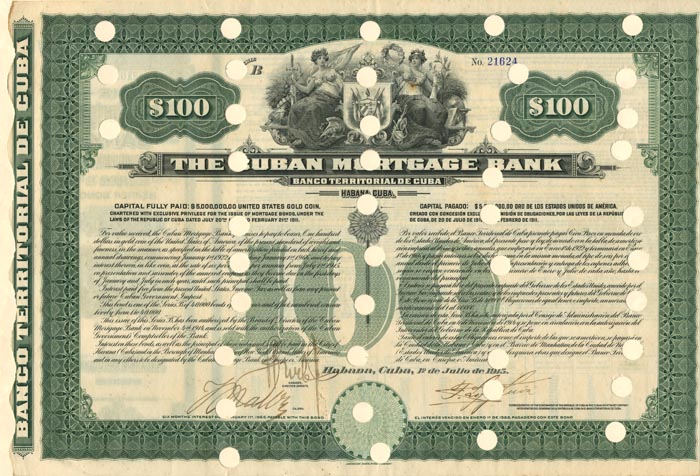 Cuban Mortgage Bank - 1915 dated $100 Cuba Bond